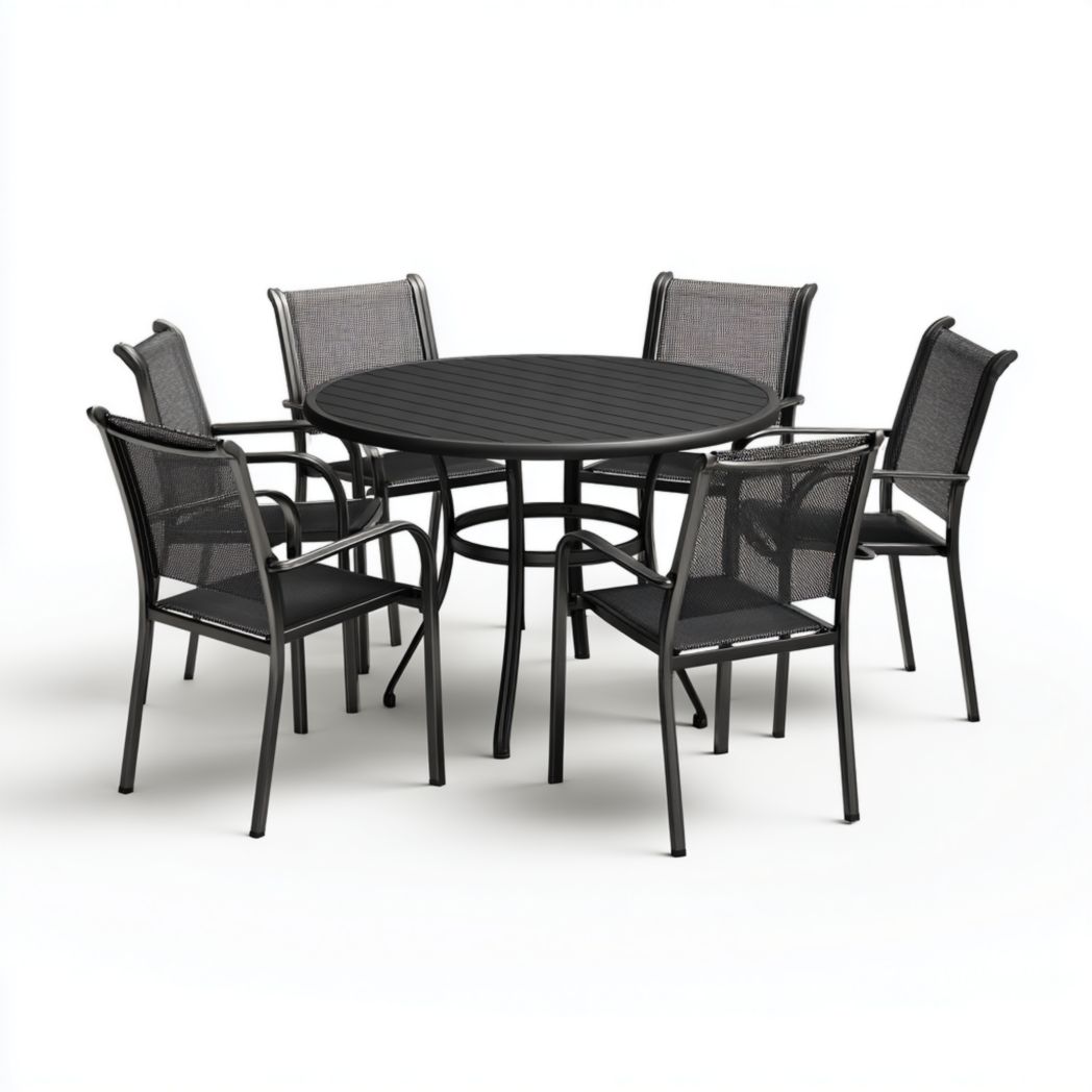 Ensemble de jardin en aluminium noir, 1 table ronde avec 6 chaises en tissu maillé sans coussin