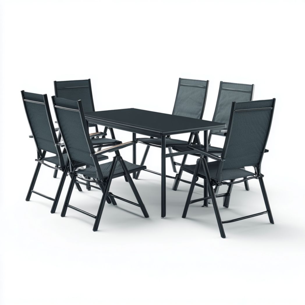 Ensemble de jardin en aluminium noir, 1 table rectangulaire avec 6 chaises pliantes sans coussin