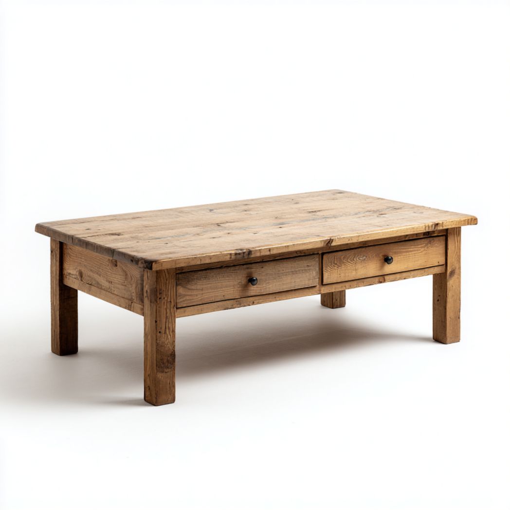 Table basse rectangulaire en bois massif couleur naturelle avec deux tiroirs