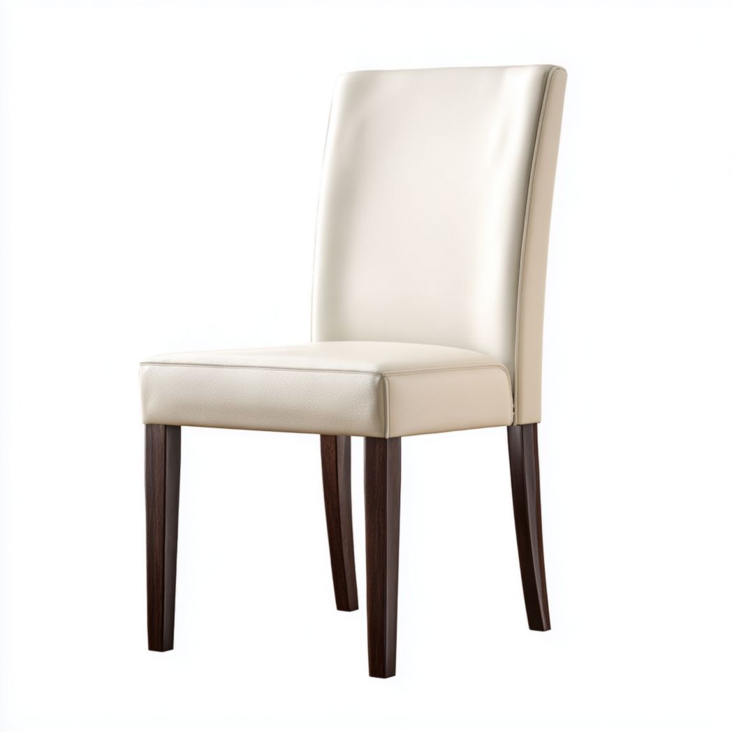 Chaise à dossier haut en cuir blanc cassé avec pieds en bois foncé