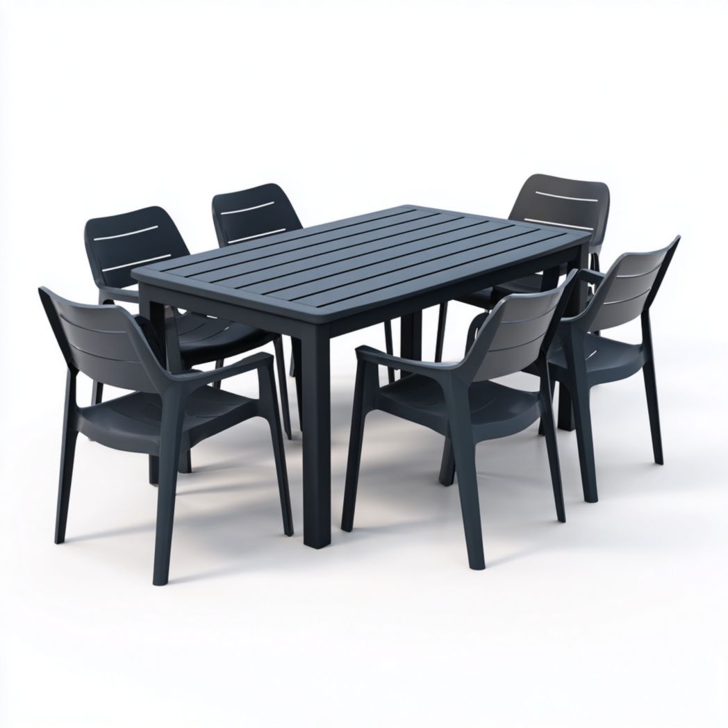 Ensemble de jardin en aluminium noir, 1 table rectangulaire avec 6 chaises sans coussin