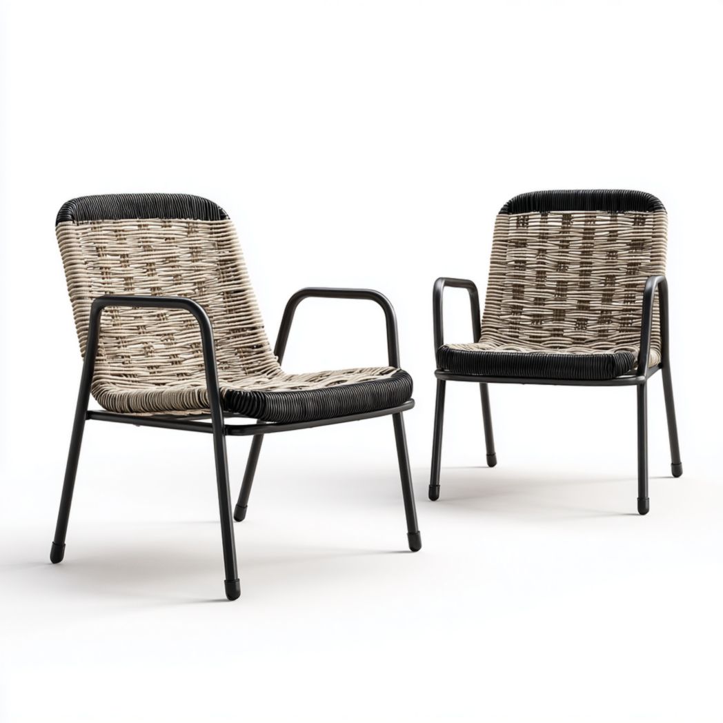 Lot de 2 fauteuils de jardin en tressage bicolore avec structure métallique sans coussin