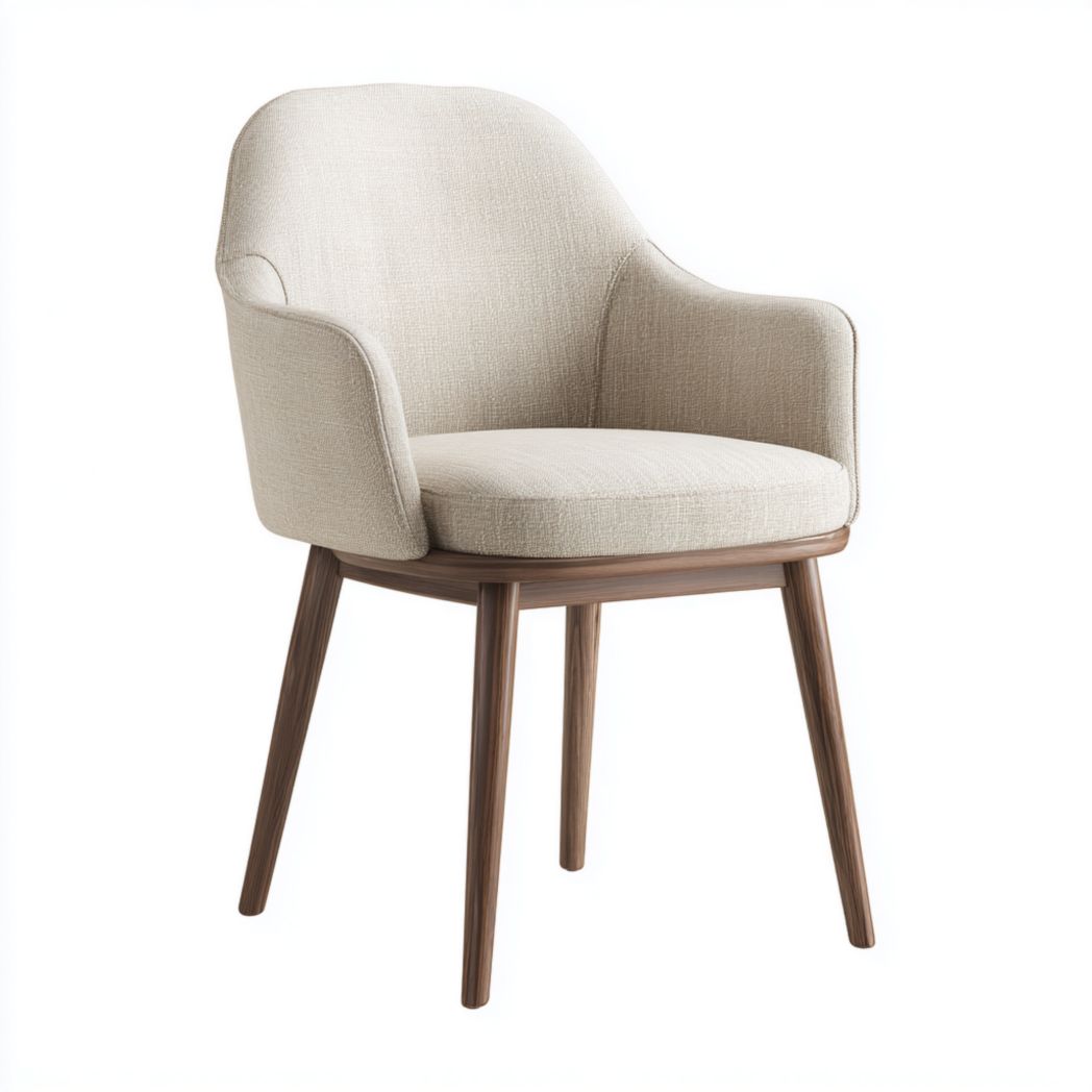 Chaise rembourrée en tissu beige avec accoudoirs et pieds en bois noyer