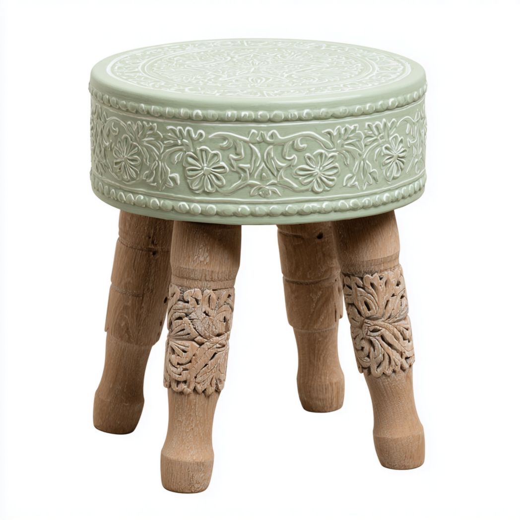 Tabouret rond en céramique verte avec pieds en bois sculptés couleur brun clair