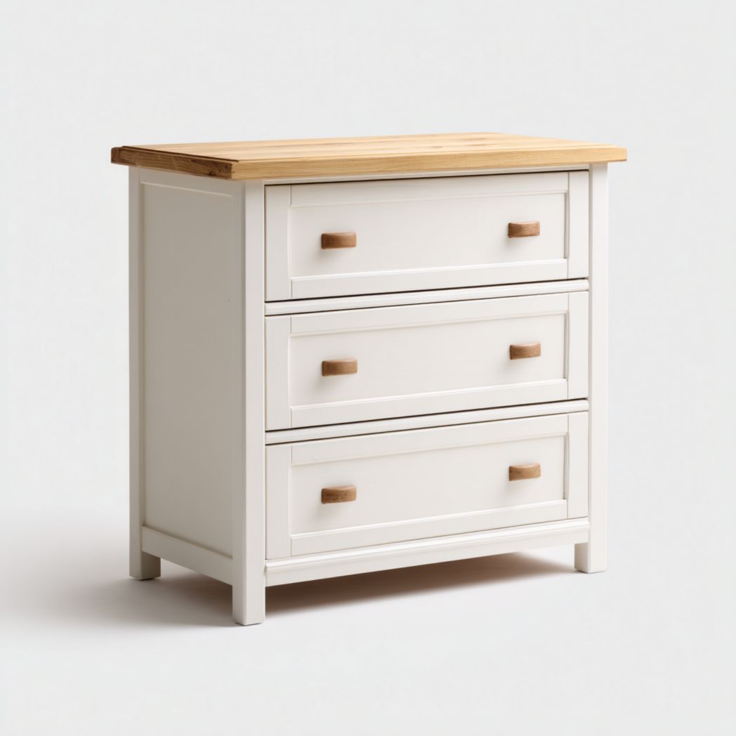 Commode en bois blanc avec plateau naturel, trois tiroirs