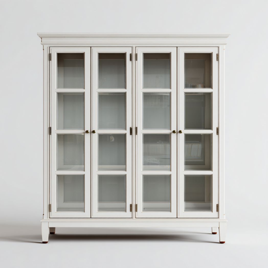 Armoire en bois blanc à quatre portes vitrées avec plusieurs espaces de rangement