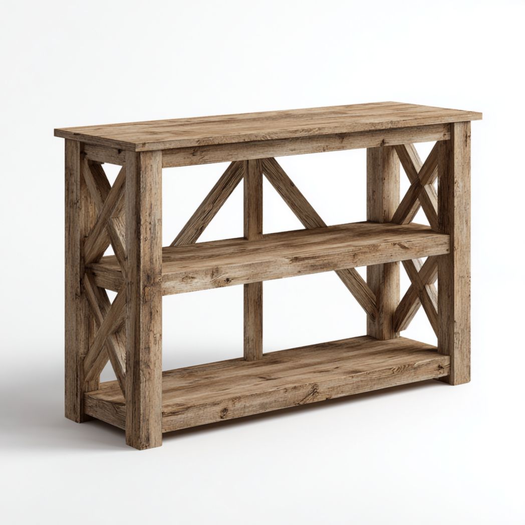 Console rectangulaire en bois effet vieilli à trois niveaux avec côtés croisés