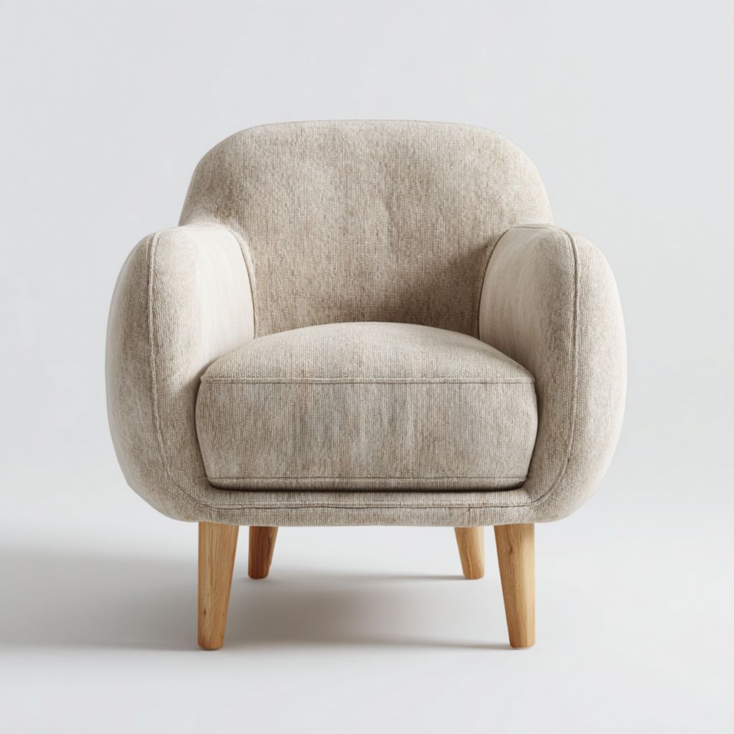 Fauteuil en tissu beige avec forme arrondie et pieds en bois