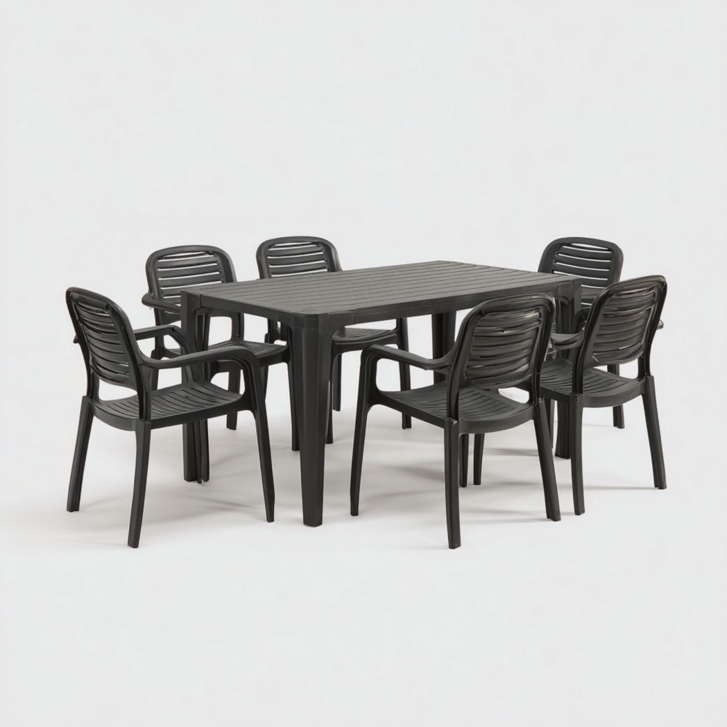 Ensemble de jardin en résine noire, table rectangulaire avec 6 chaises