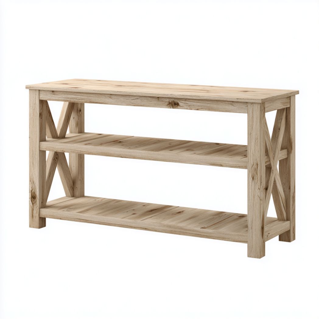 Console rectangulaire en bois naturel à trois niveaux avec côtés croisés