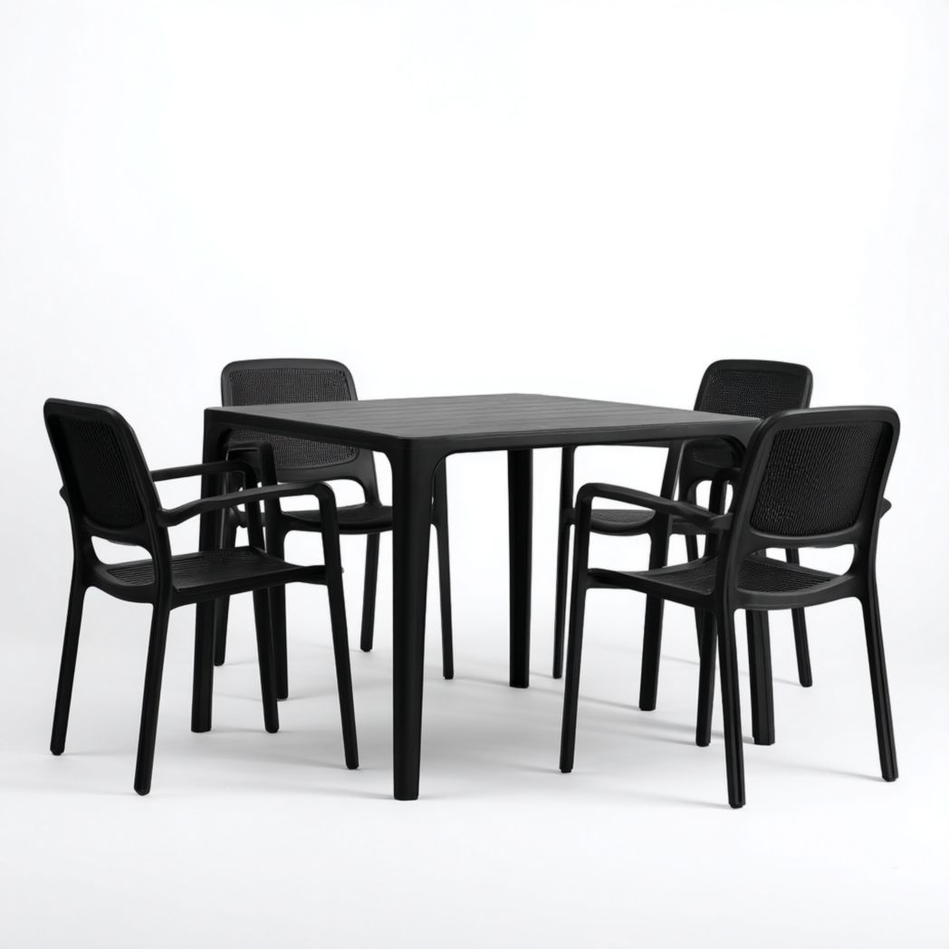 Ensemble de jardin en résine noire, table carrée avec 4 chaises