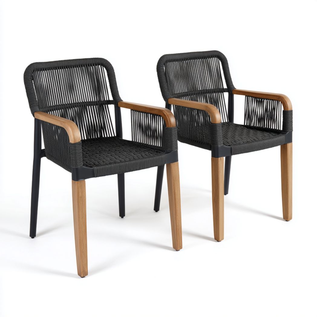 Lot de 2 fauteuils de jardin en corde tressée noire avec accoudoirs et pieds en bois