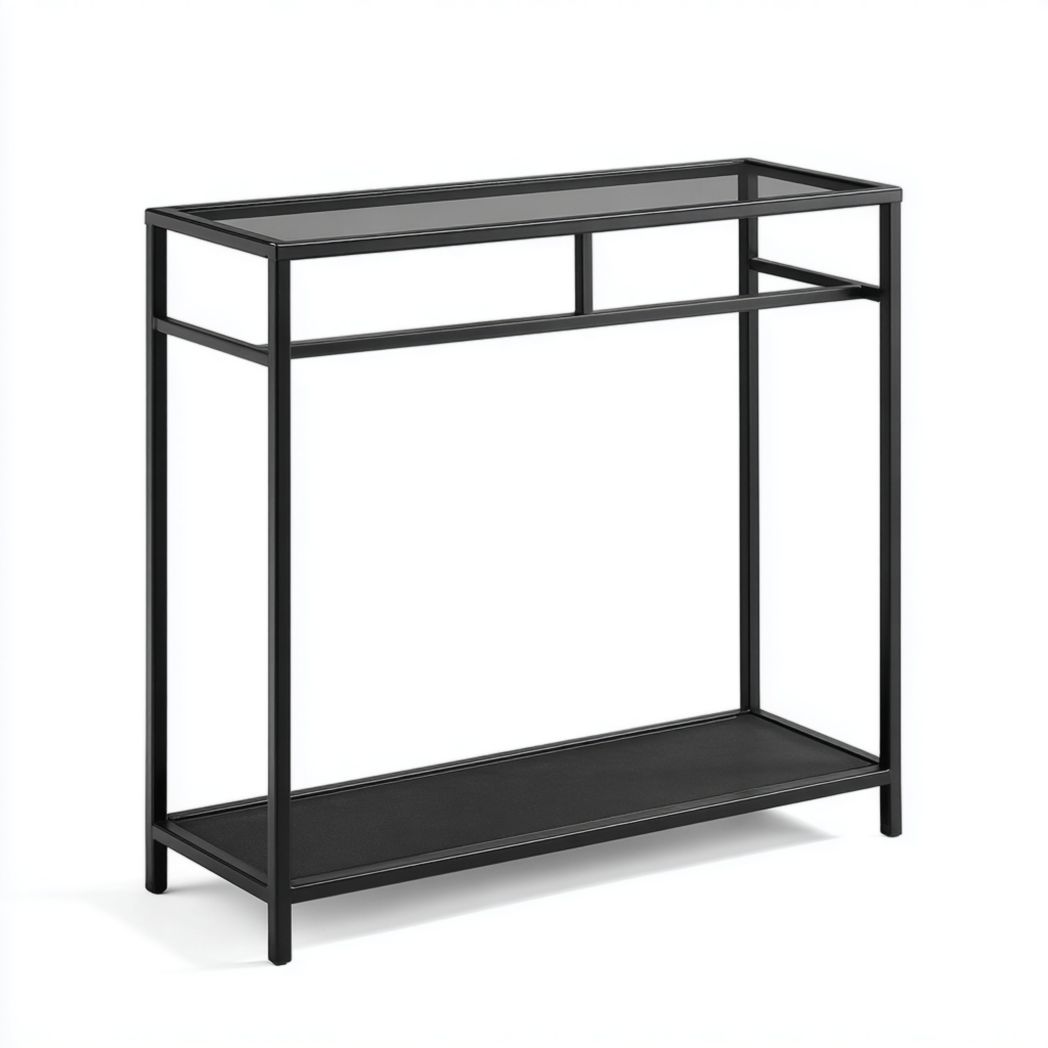Console rectangulaire en métal noir avec plateau en verre et étagère inférieure