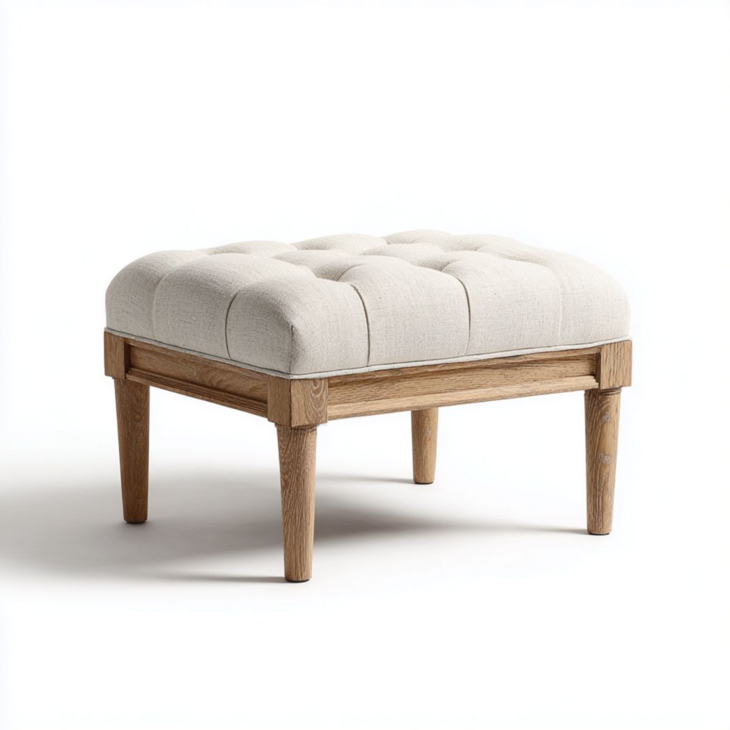 Tabouret carré avec assise capitonnée en tissu beige clair et structure en bois brun clair