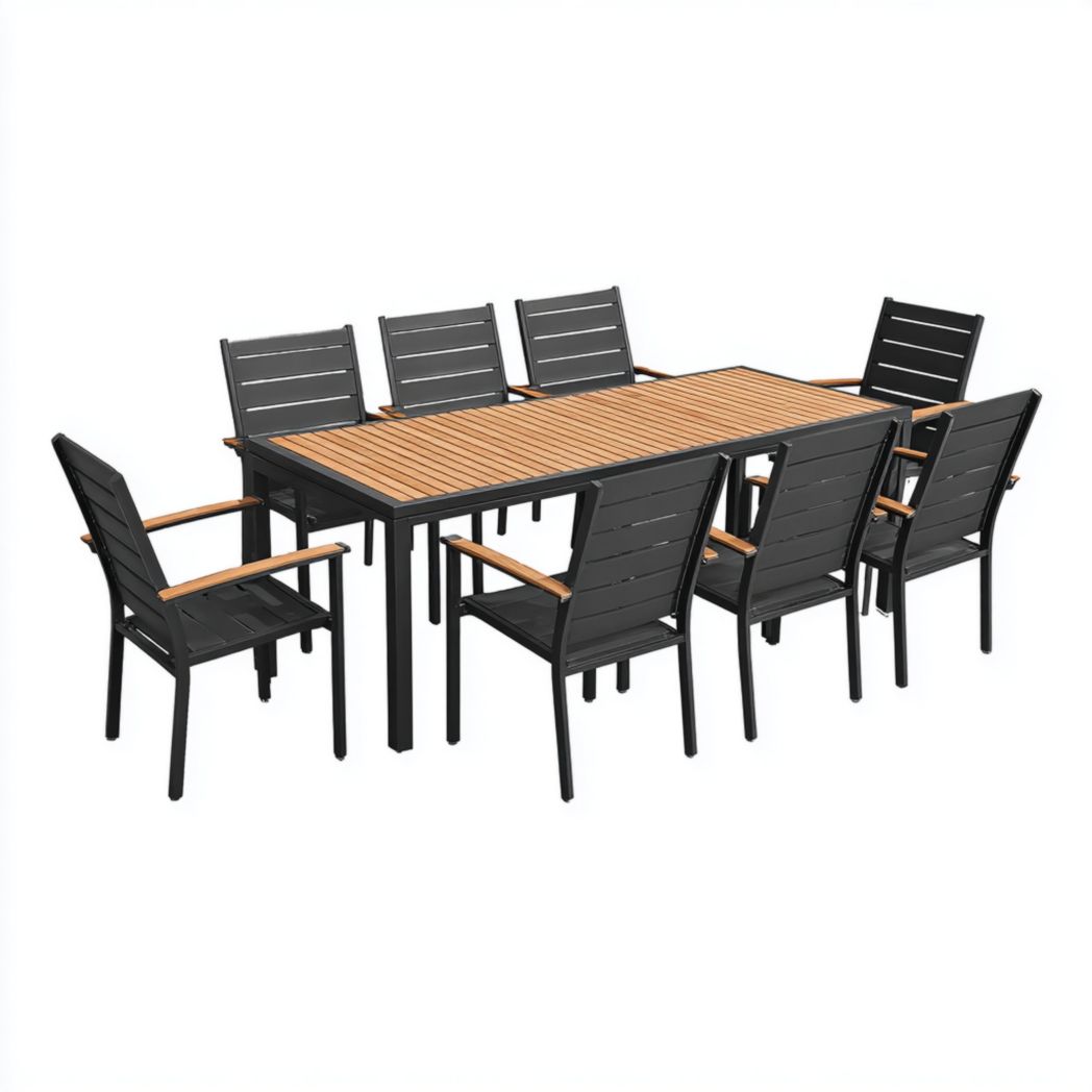 Ensemble de jardin en aluminium noir, 1 table rectangulaire avec 8 chaises sans coussin, plateau et accoudoirs couleur bois