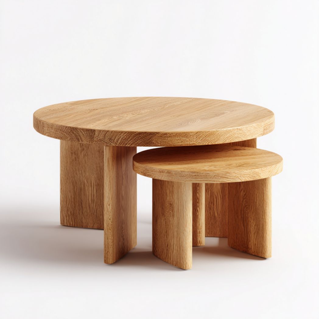 Table basse ronde en bois massif avec deux tables gigognes