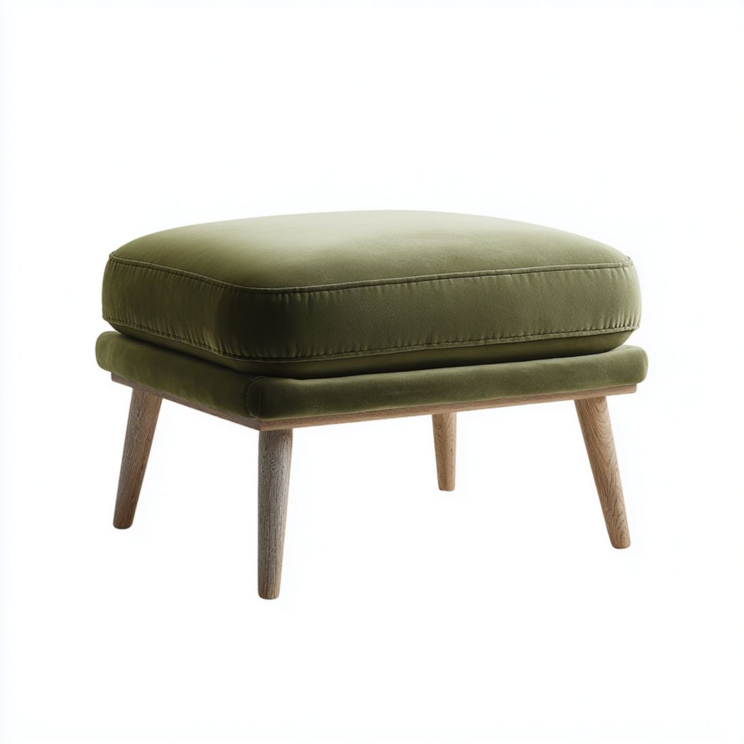 Tabouret carré avec assise rembourrée en tissu vert olive et pieds en bois massif