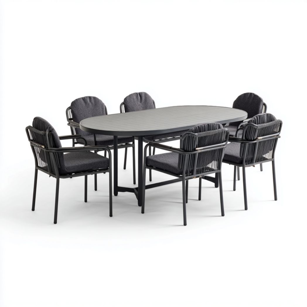 Ensemble de jardin en aluminium noir, 1 table ovale avec 6 chaises à accoudoirs et coussins gris