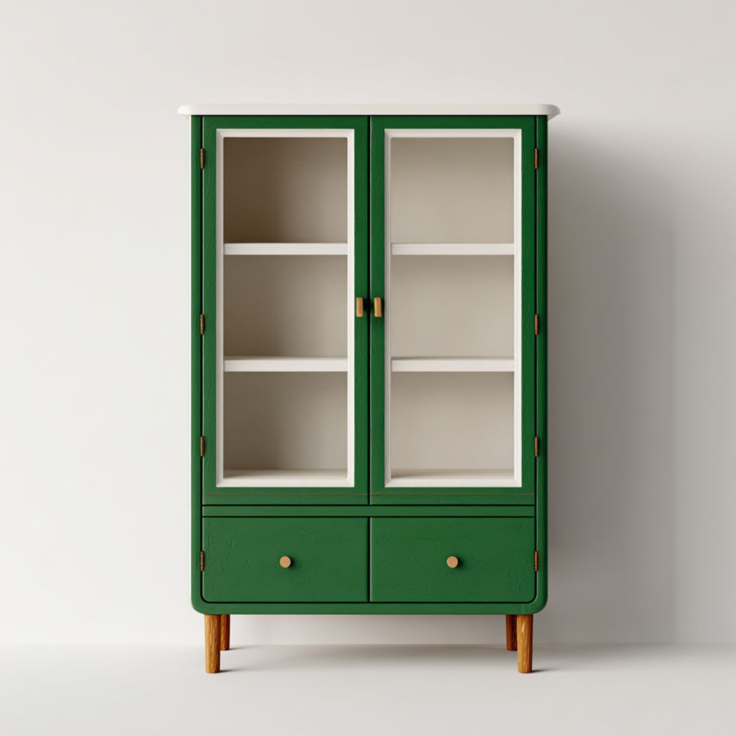 Armoire en bois vert à deux portes vitrées avec deux tiroirs de rangement