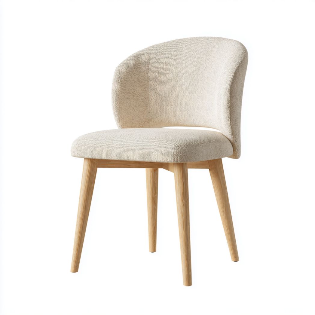 Chaise en tissu beige avec dossier courbé enveloppant et pieds en bois massif
