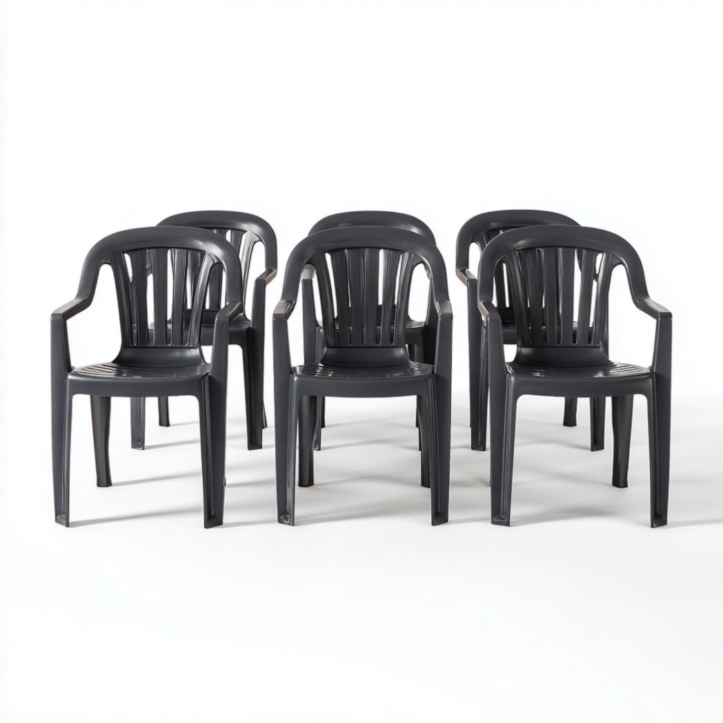 Ensemble de 6 fauteuils de jardin en plastique noir dossier ajouré sans coussin