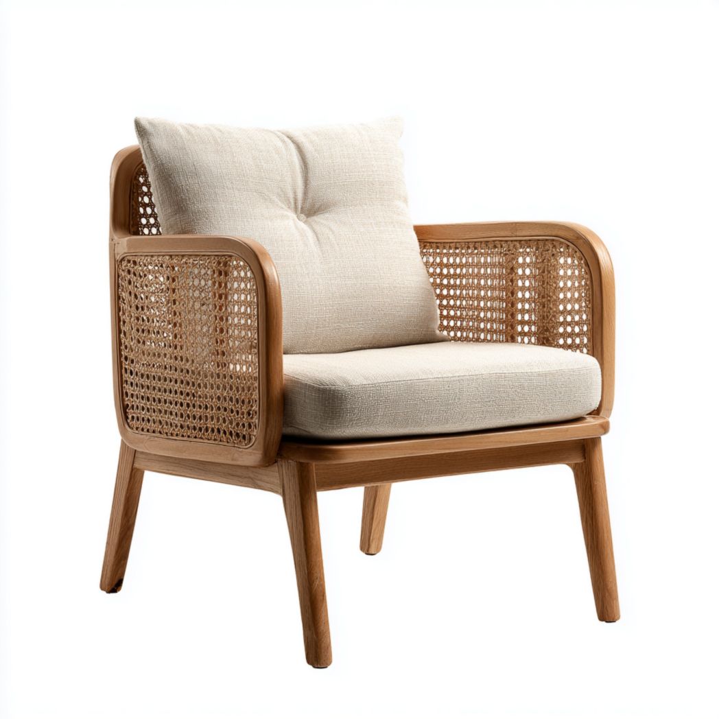 Fauteuil en bois avec assise en rotin et coussins en tissu beige clair