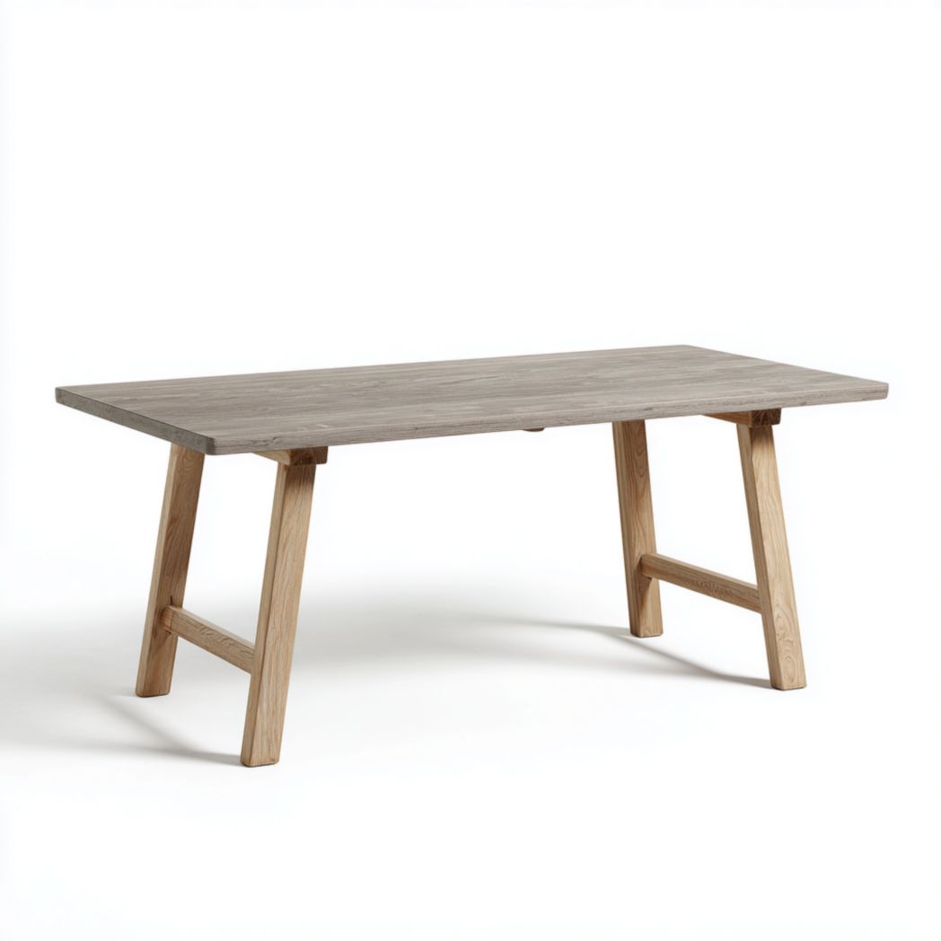 Table de jardin, plateau rectangulaire effet bois gris + piètement bois clair