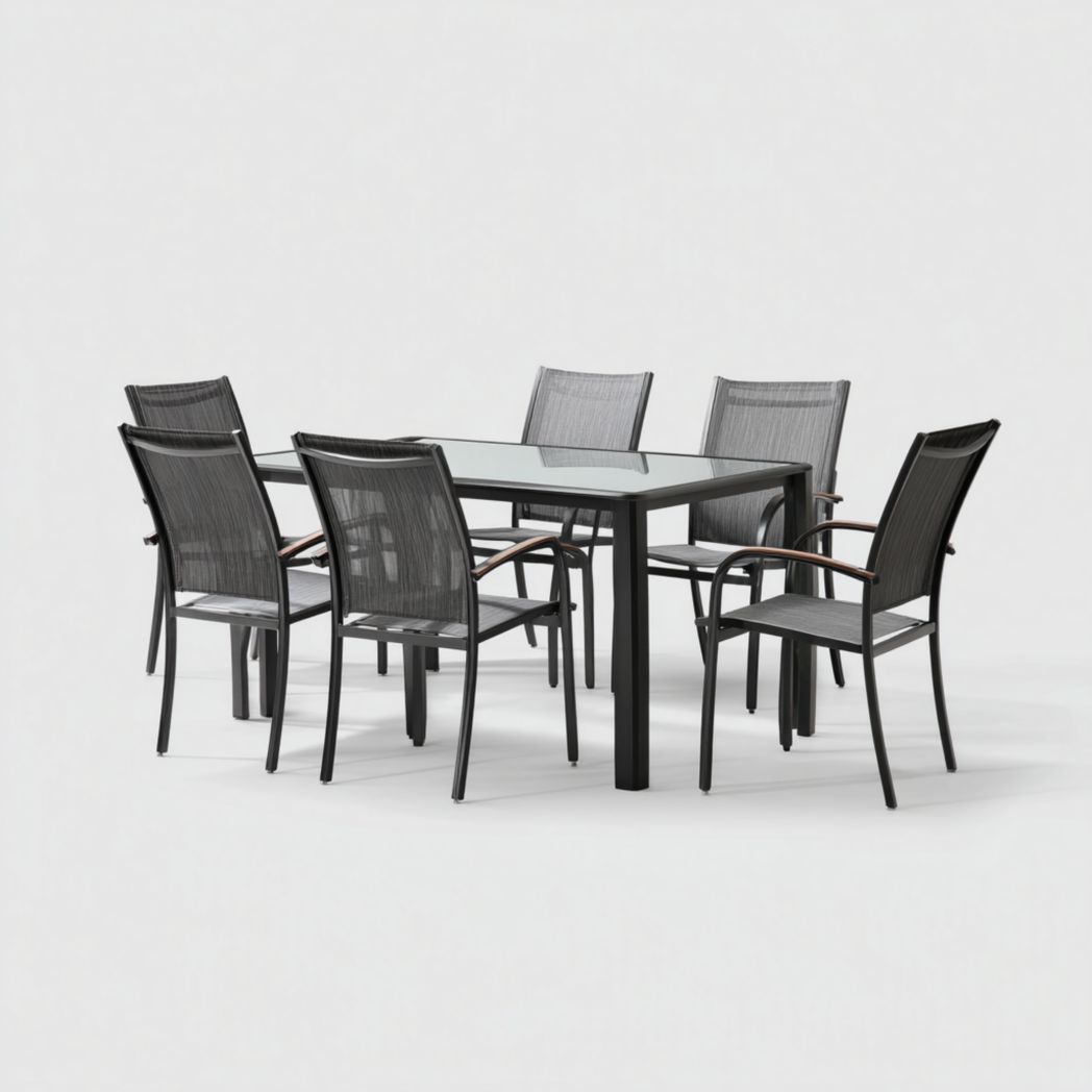 Ensemble de jardin en aluminium noir, 1 table rectangulaire en verre avec 6 chaises sans coussin