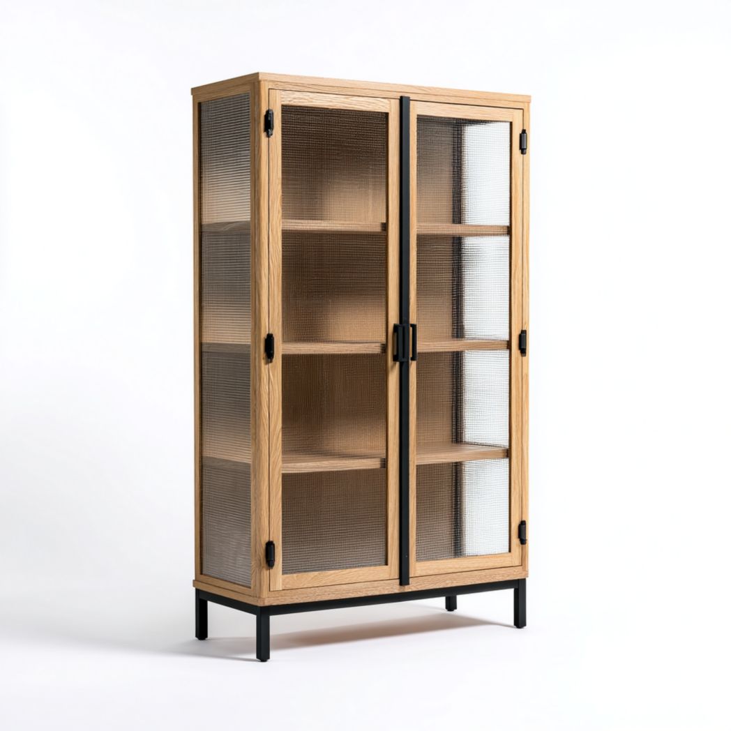 Armoire en bois naturel à deux portes vitrées avec structure métallique noire