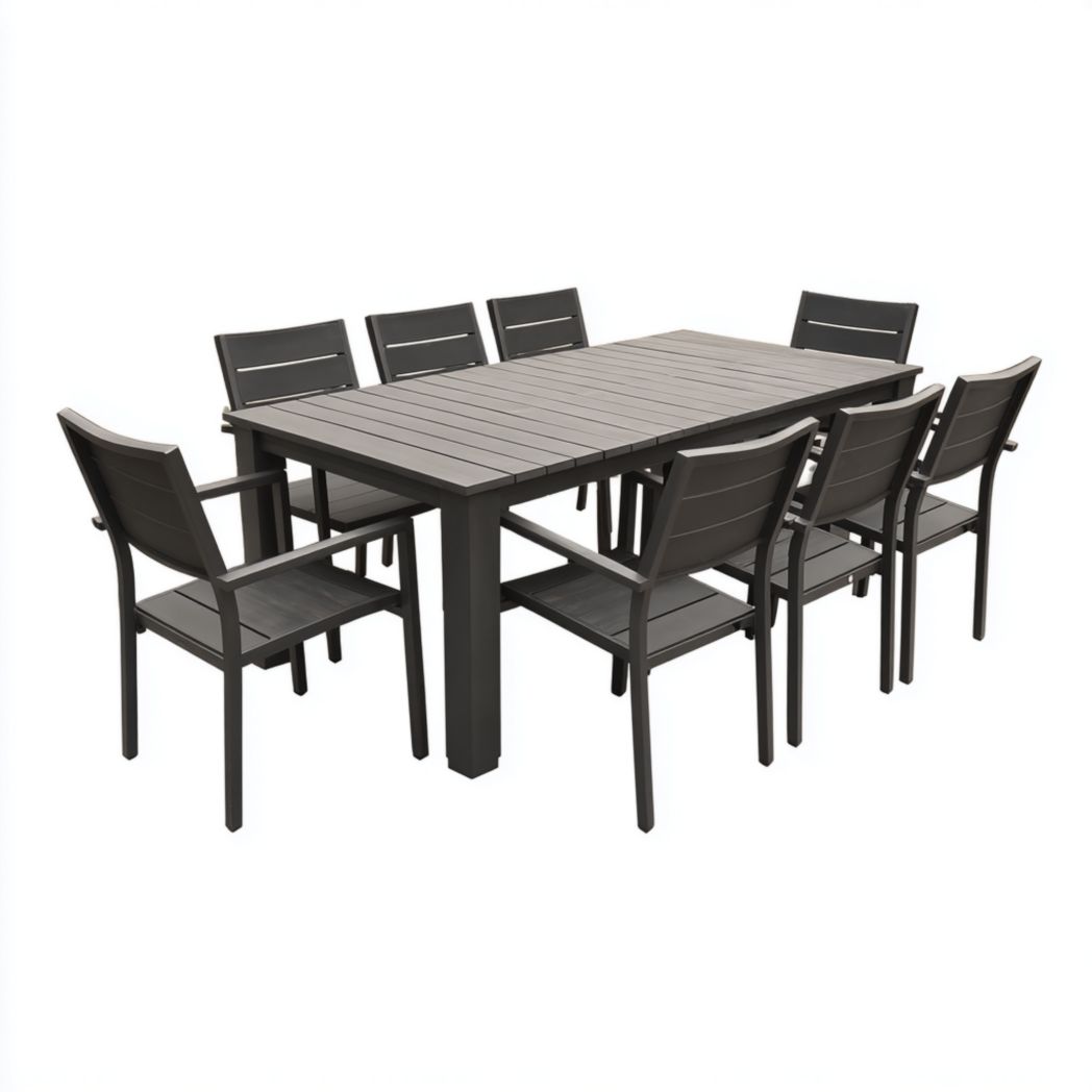 Ensemble de jardin en aluminium gris foncé, 1 table rectangulaire avec 8 chaises sans coussin