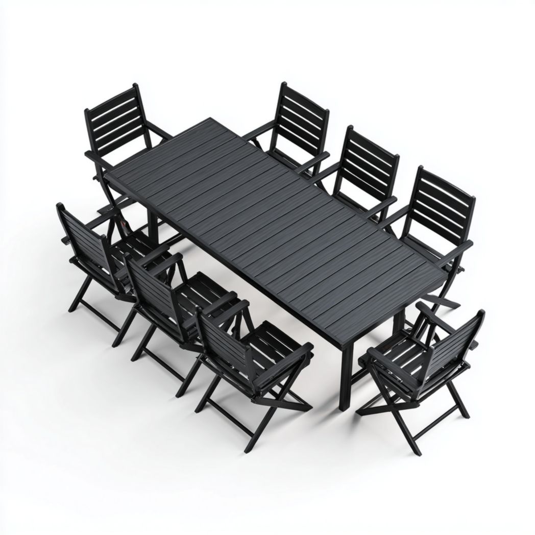 Ensemble de mobilier de jardin en résine noir mat, 1 table rectangulaire + 8 chaises