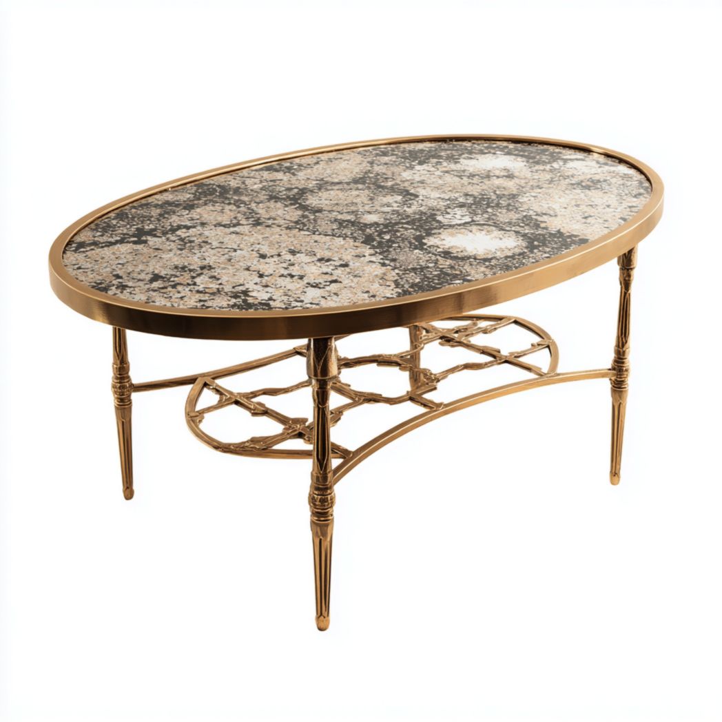 Table basse ovale avec cadre en métal doré et plateau en marbre