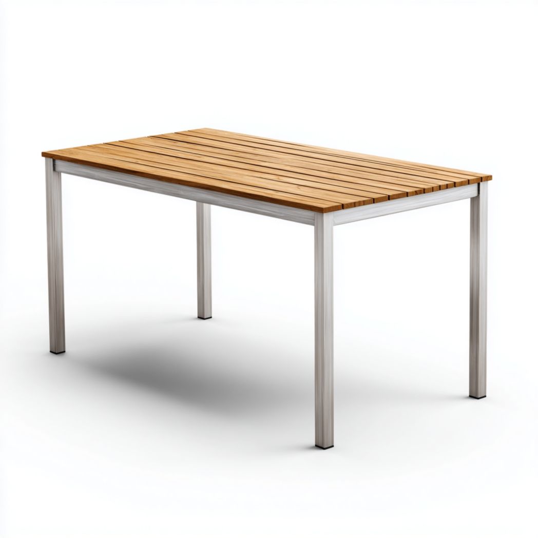 Table de jardin, plateau rectangulaire à lattes en bois naturel + cadre métallique argenté