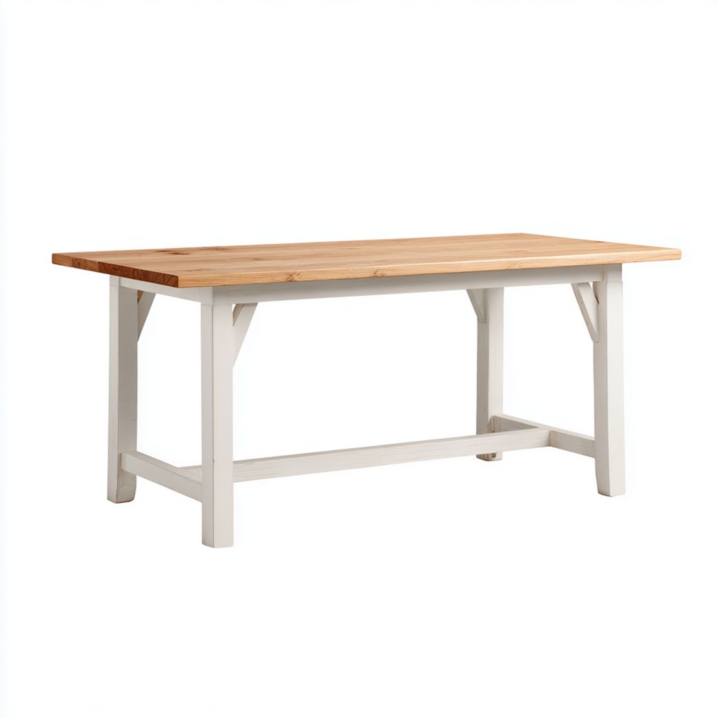 Table de jardin, plateau rectangulaire en bois brun clair + piètement droit blanc