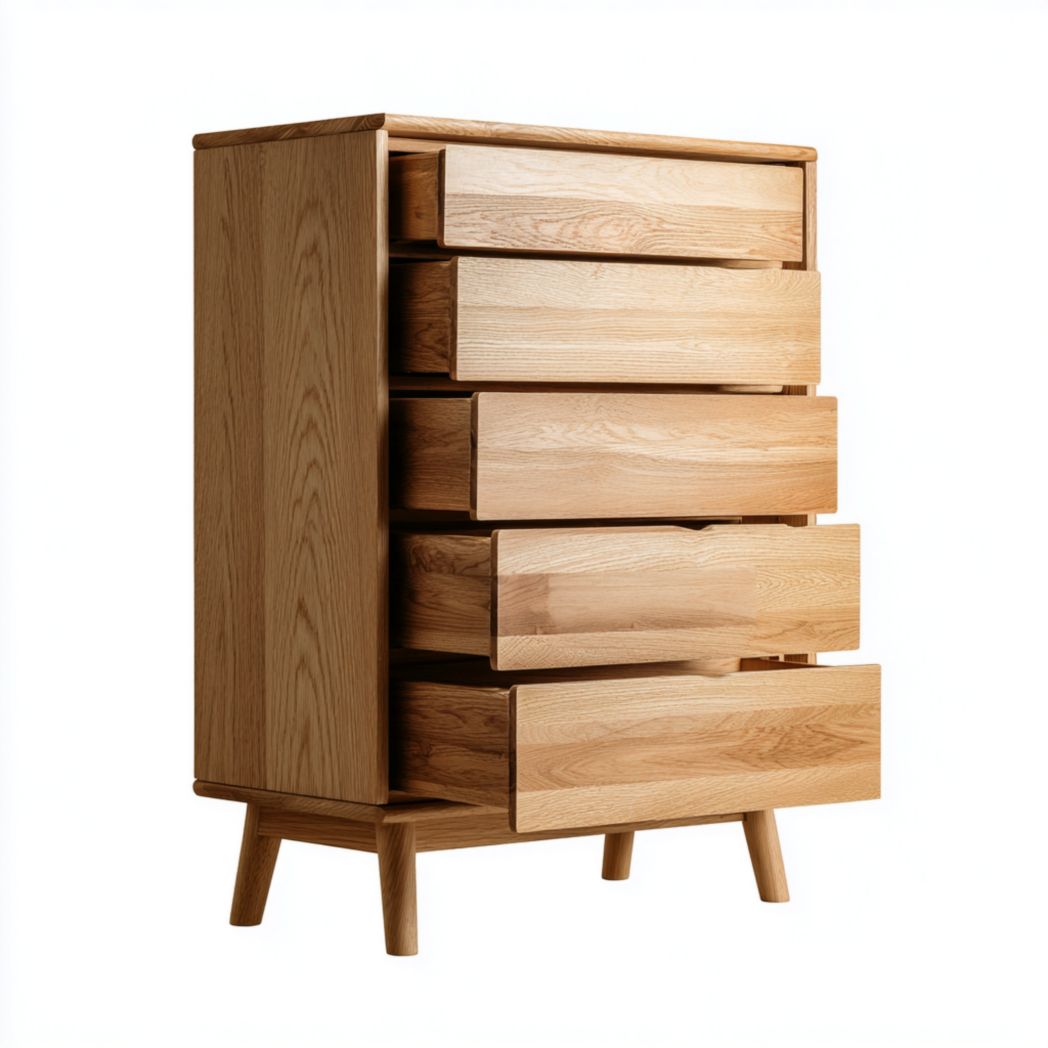 Commode en bois massif finition naturelle avec cinq tiroirs verticales