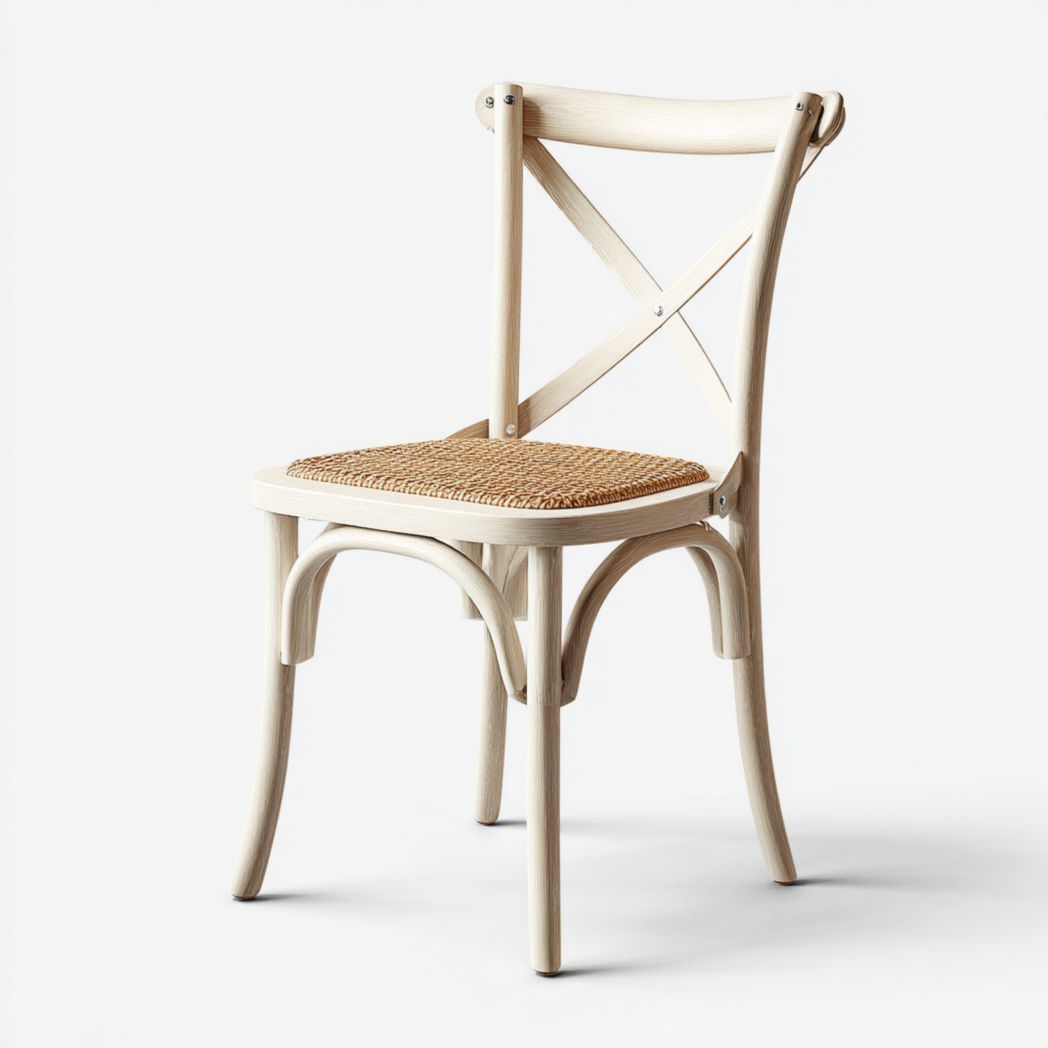 Chaise en bois clair avec dossier croisé et assise en rotin