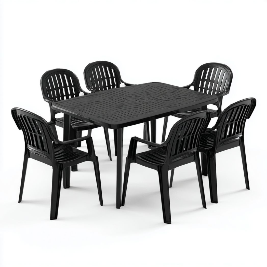 Ensemble de jardin en résine noire, table rectangulaire avec 6 chaises