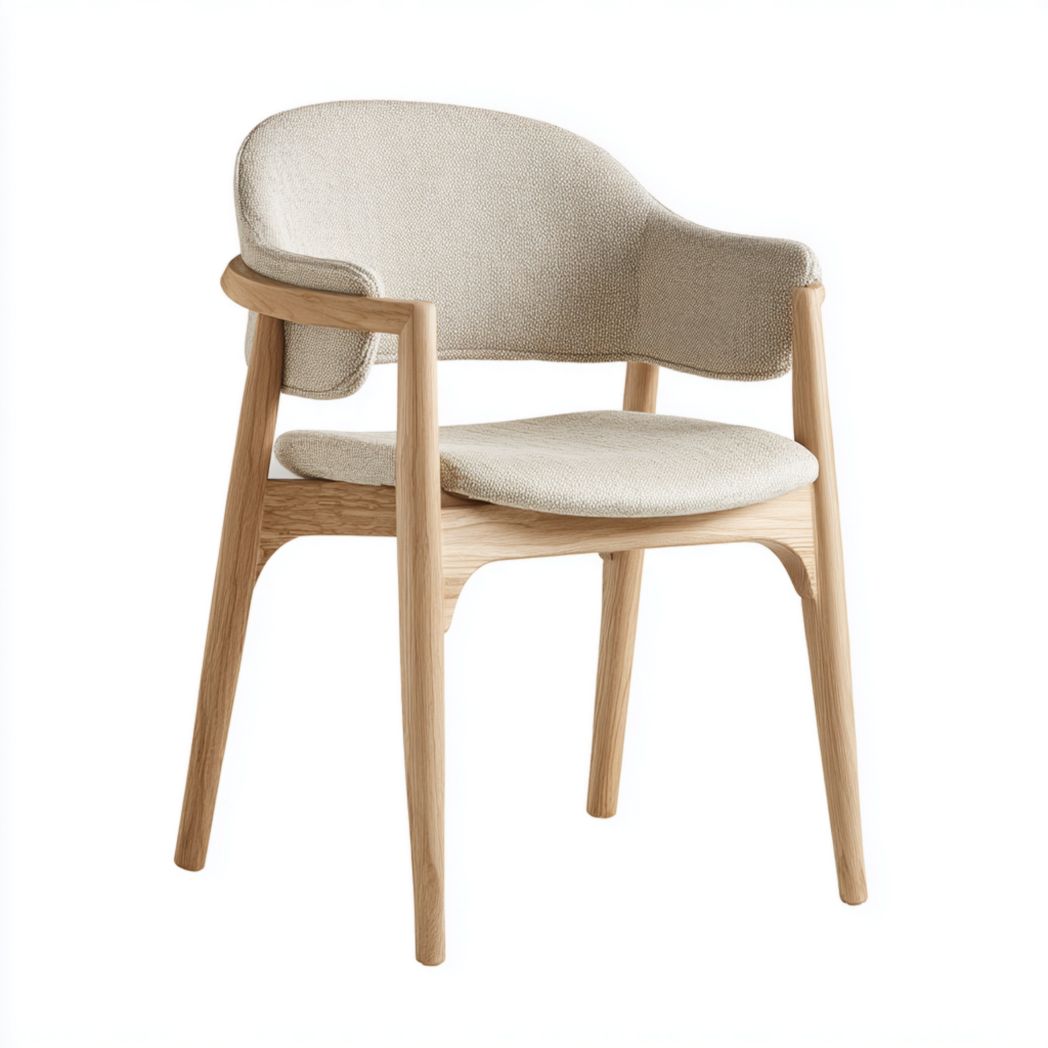 Fauteuil en chêne avec dossier incurvé et assise rembourrée en tissu beige clair