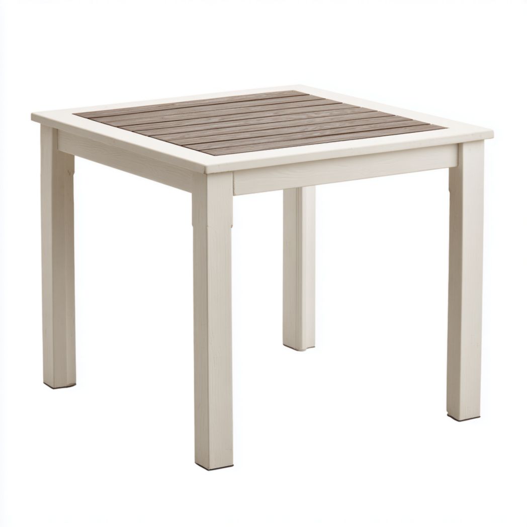 Table de jardin, plateau carré à lattes en bois brun clair + cadre blanc