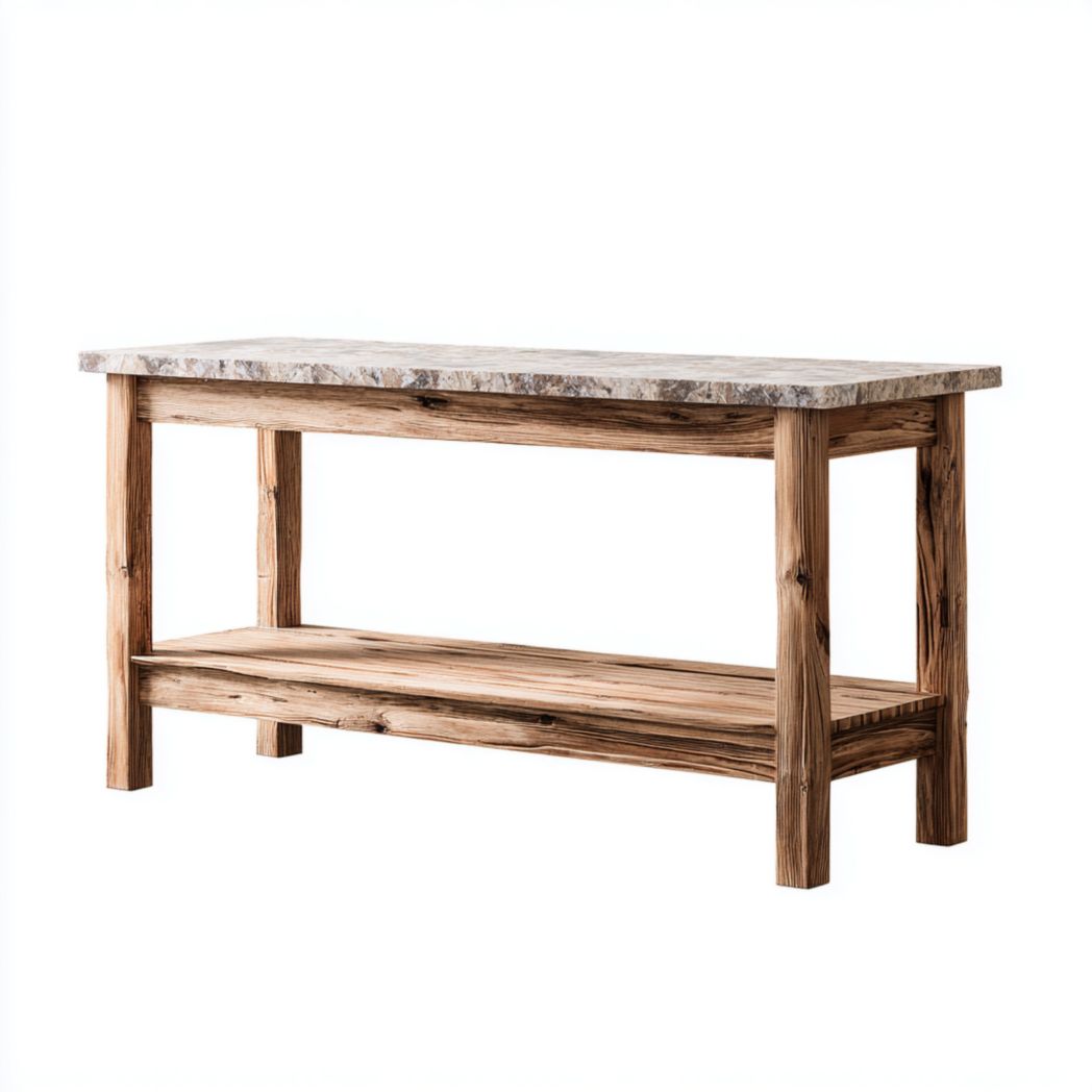 Console rectangulaire en bois massif avec plateau en pierre et étagère inférieure