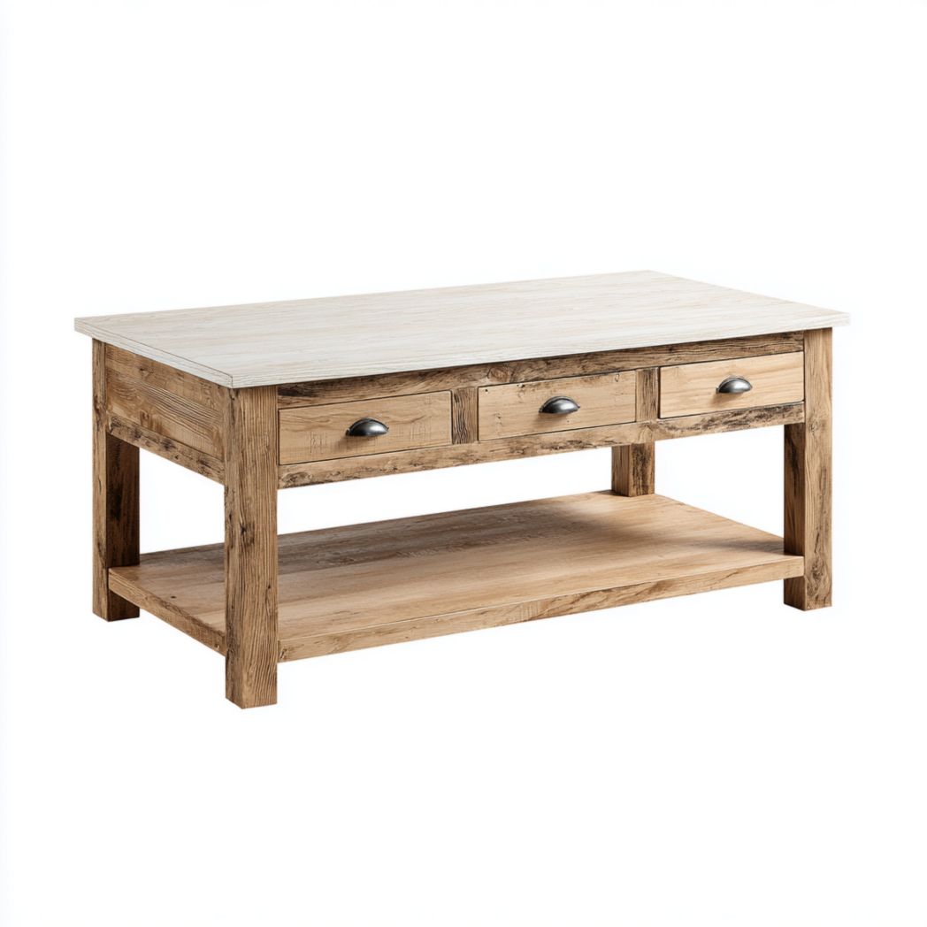 Table basse rectangulaire en bois avec trois tiroirs et étagère ouverte