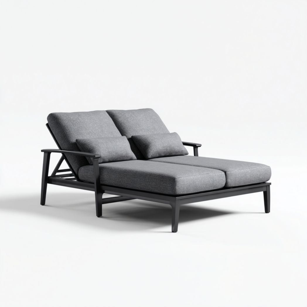 Bain de soleil double, cadre en métal noir avec coussins gris, dossier et accoudoirs