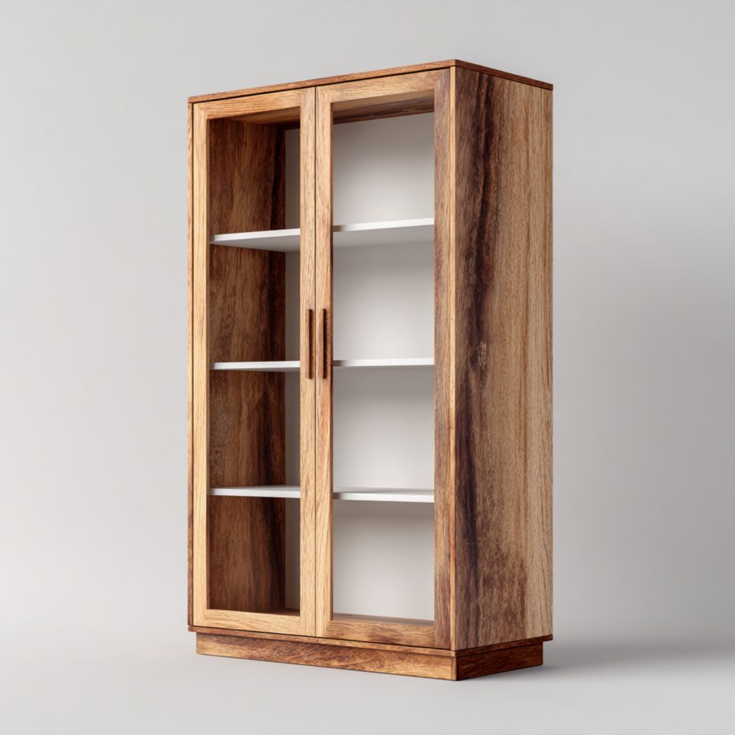 Armoire vitrée à double porte couleur bois, espace de rangement vertical en bois à quatre niveaux