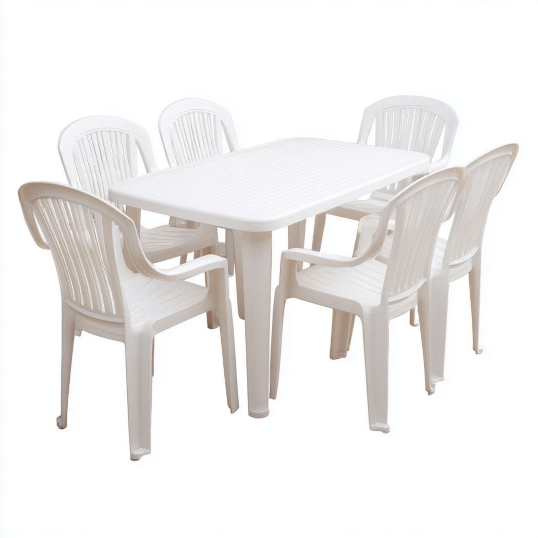 Ensemble de jardin en résine blanche, 1 table rectangulaire avec 6 chaises sans coussin