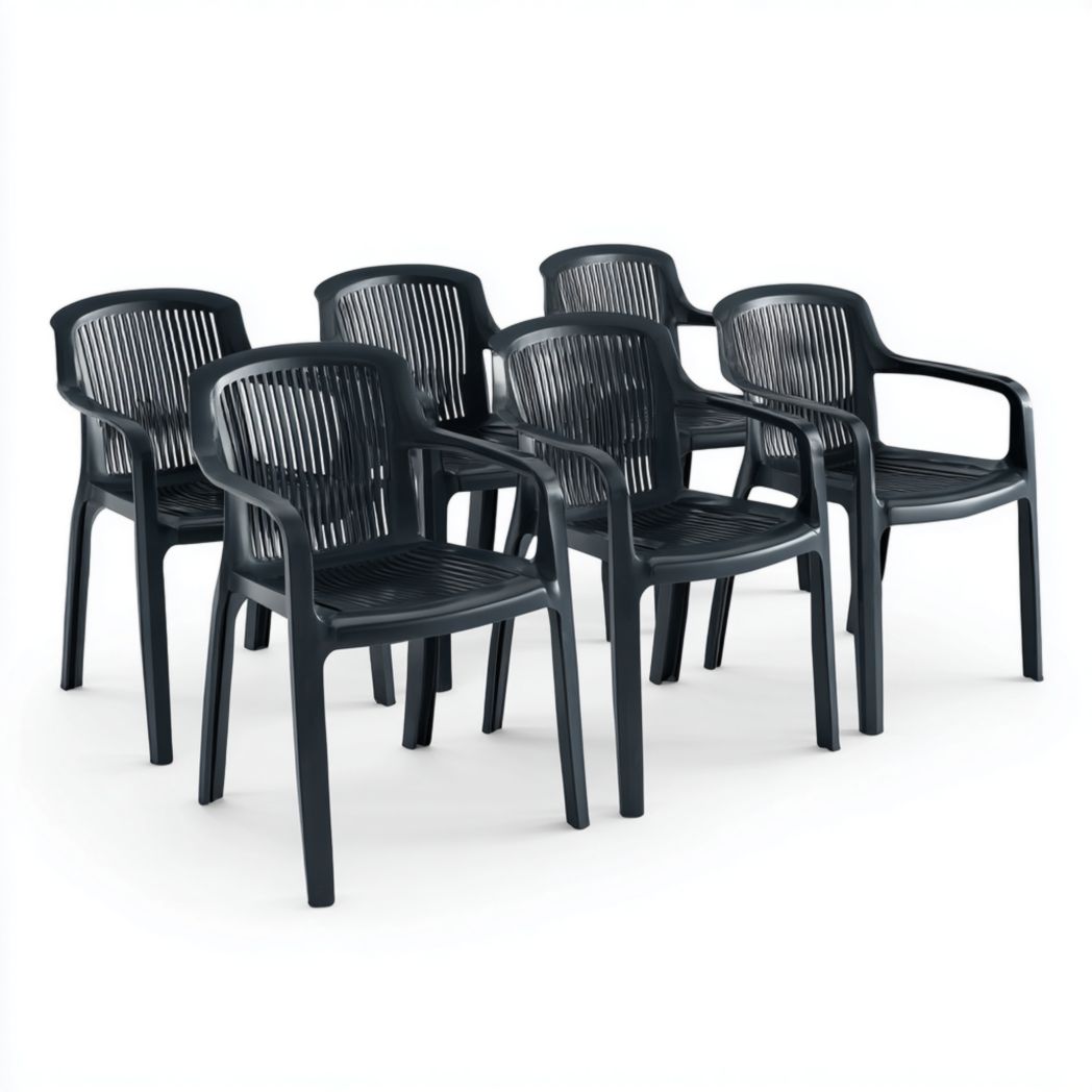 Lot de 6 fauteuils de jardin en plastique noir avec dossier ajouré sans coussin