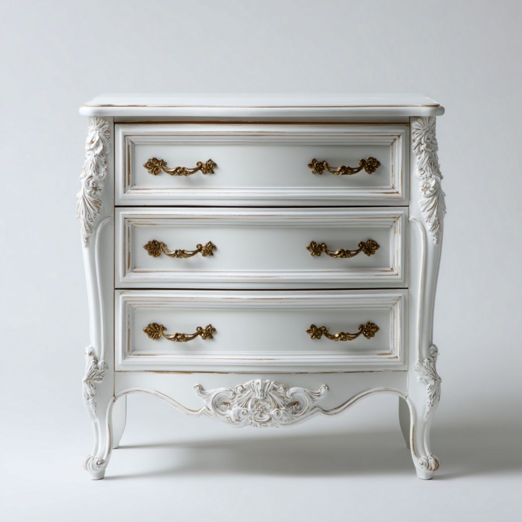 Commode en bois massif blanc sculpté avec trois tiroirs et poignées dorées