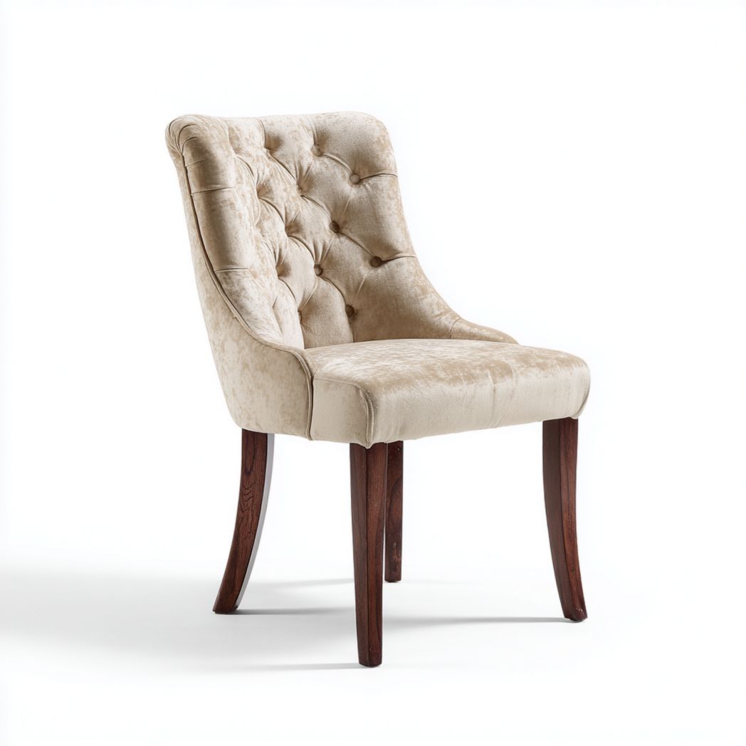 Chaise en velours beige avec dossier capitonné et pieds en bois foncé