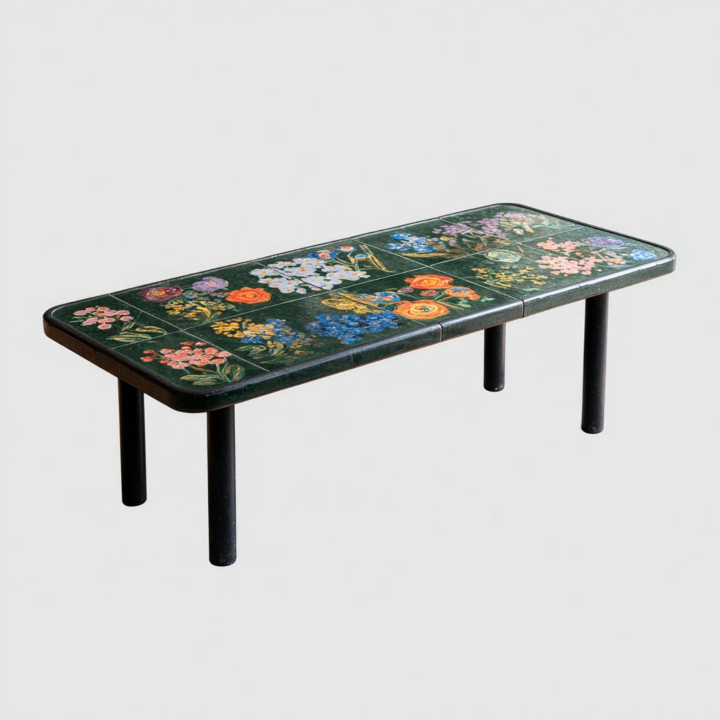 Table basse rectangulaire noire avec plateau en céramique et motif floral coloré