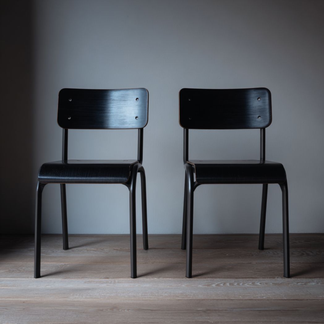 Deux chaises noires avec structure en métal et dossier en bois