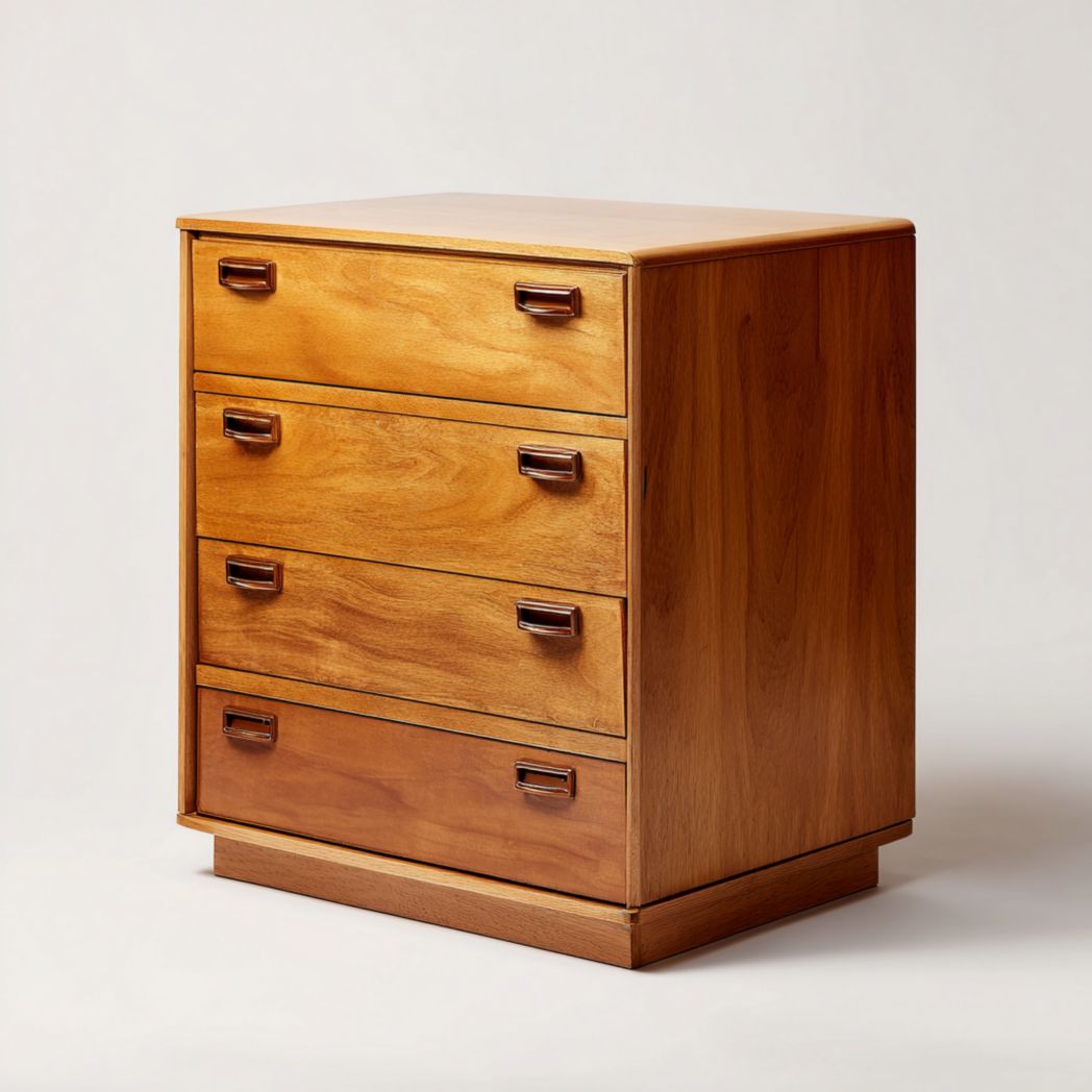 Classeur en bois avec quatre tiroirs et poignées en métal